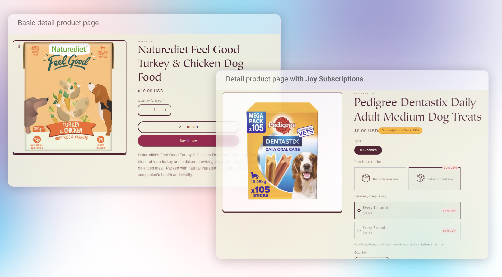 Comparison between a product with Joy Subscriptions setup and a product without it